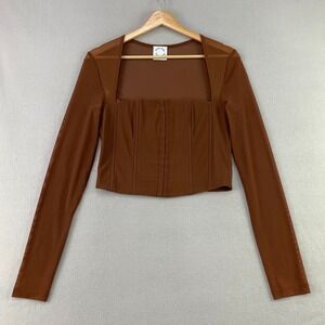 With Jean Top Womens S Brown Corset Sheer Mesh Long Sleeve Hook Eye Crop